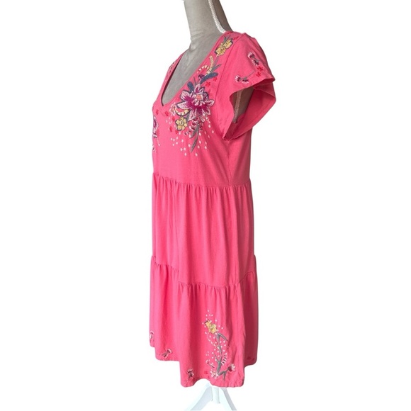 Johnny Was Tiered Embroidered Cotton Midi Dress Boho Artsy Coral Pink Medium - Picture 4 of 9